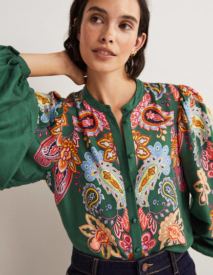 Blouson Sleeve Blouse-Trekking Green, Paisley Charm