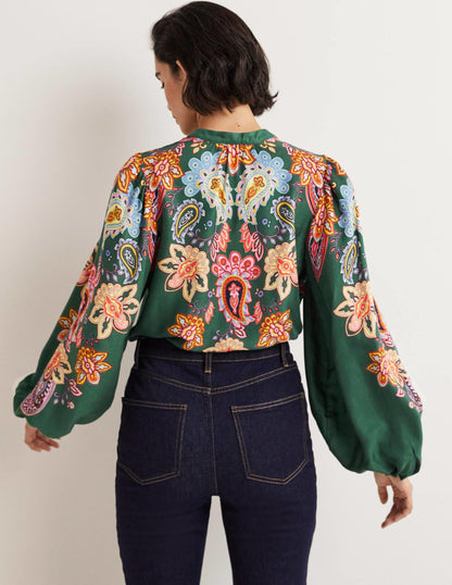 Blouson Sleeve Blouse-Trekking Green, Paisley Charm