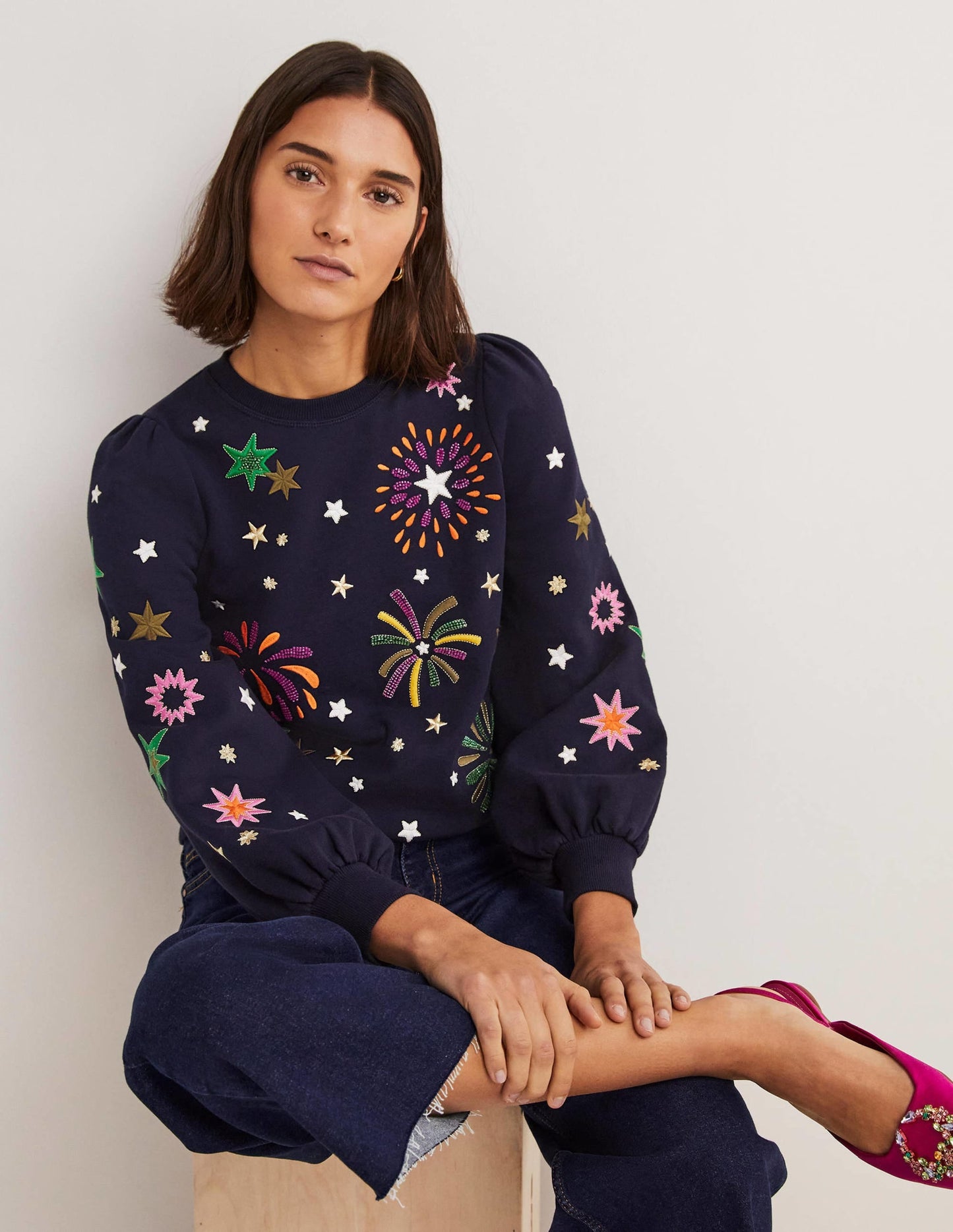 Blouson Sleeve Sweatshirt-Navy Fireworks