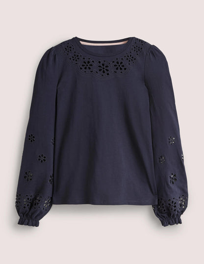 Broderie Insert Jersey Top-Navy