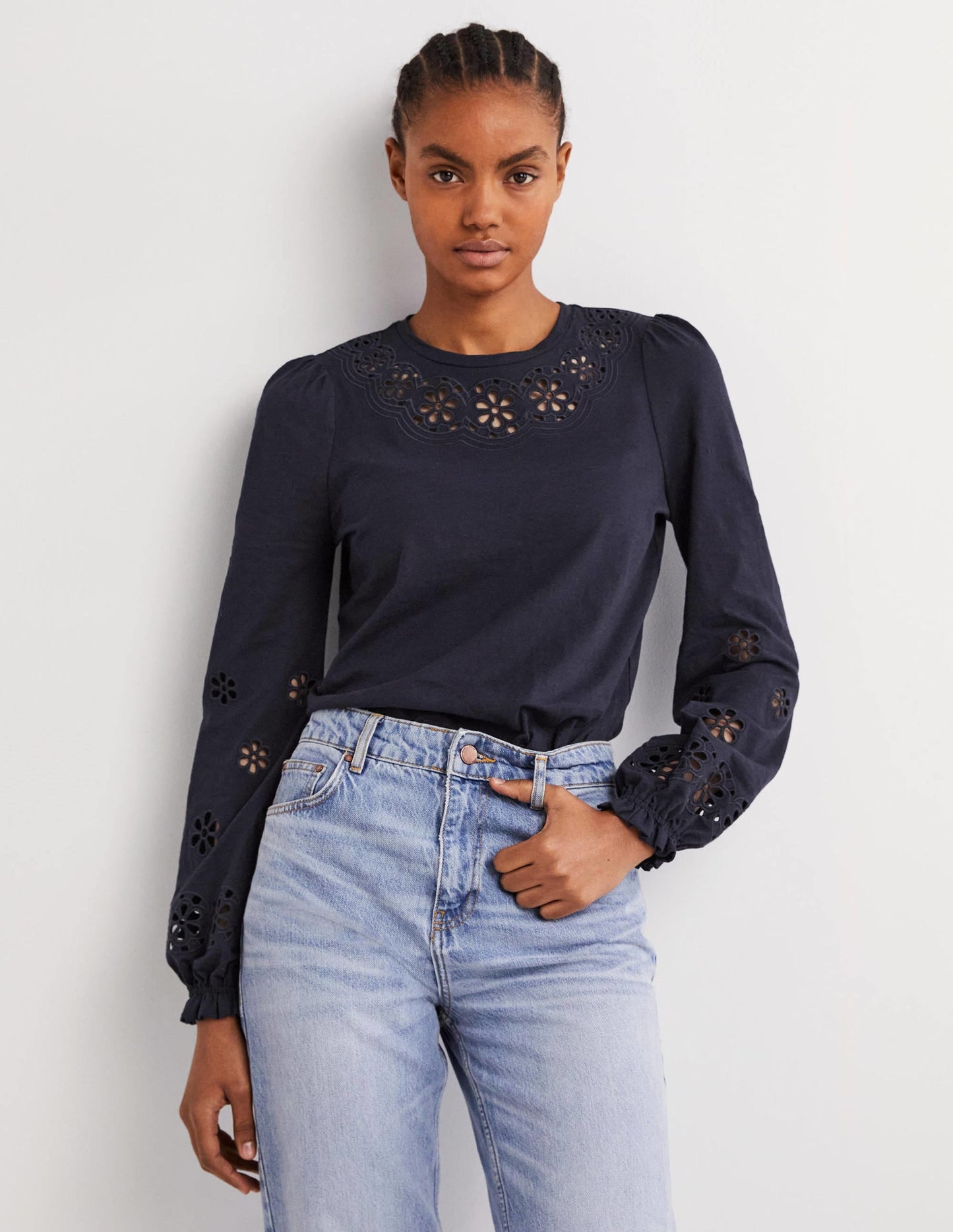 Broderie Insert Jersey Top-Navy