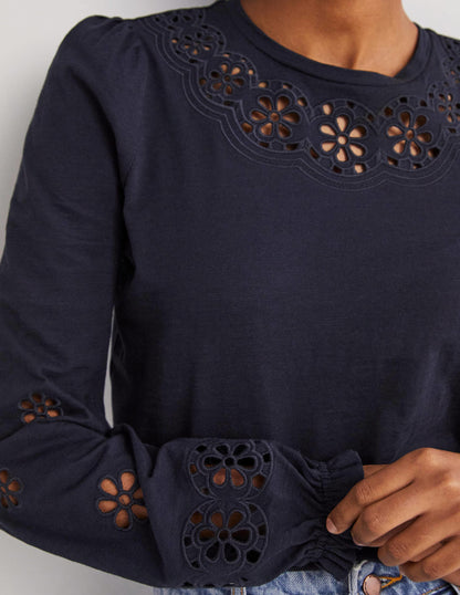 Broderie Insert Jersey Top-Navy