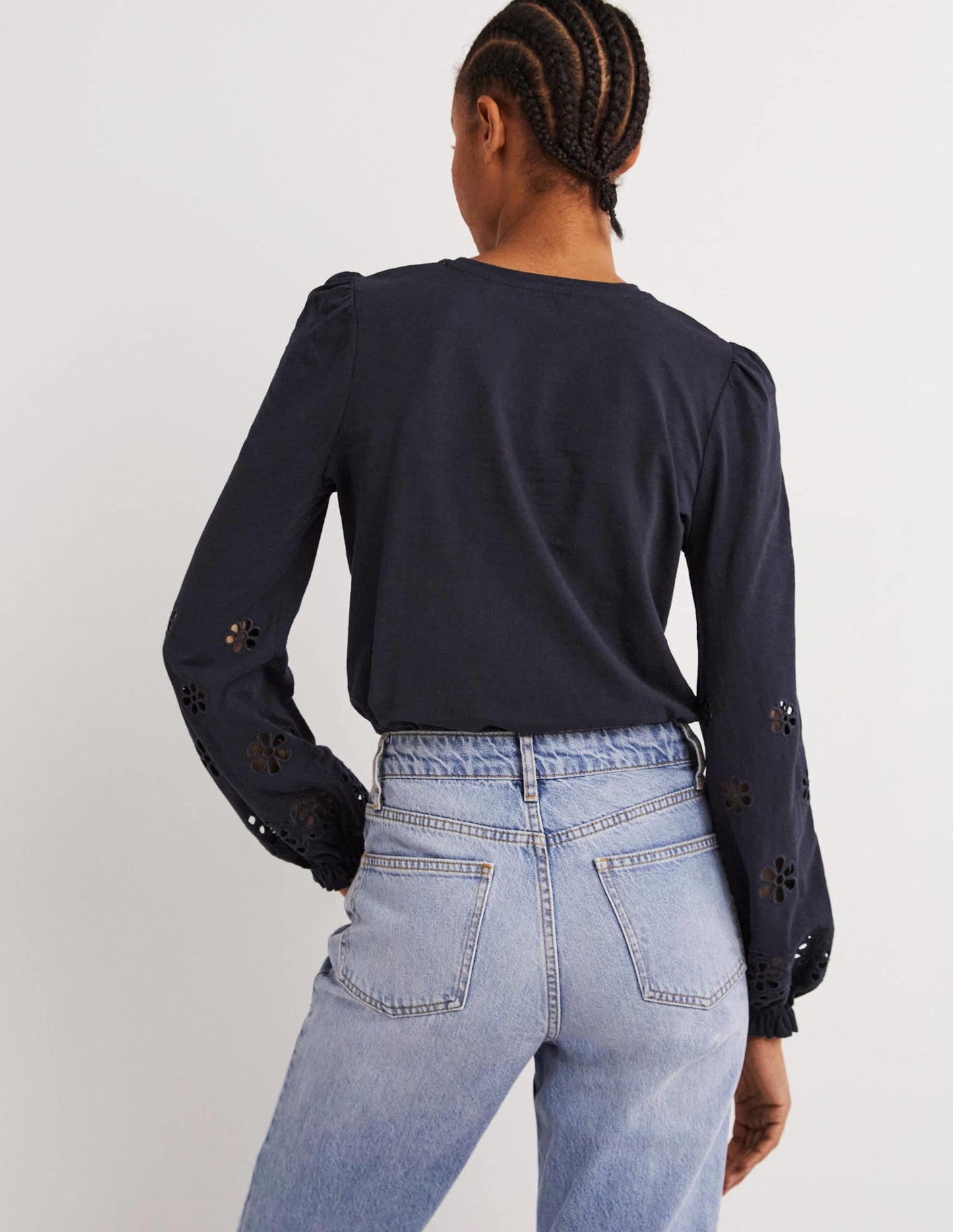 Broderie Insert Jersey Top-Navy