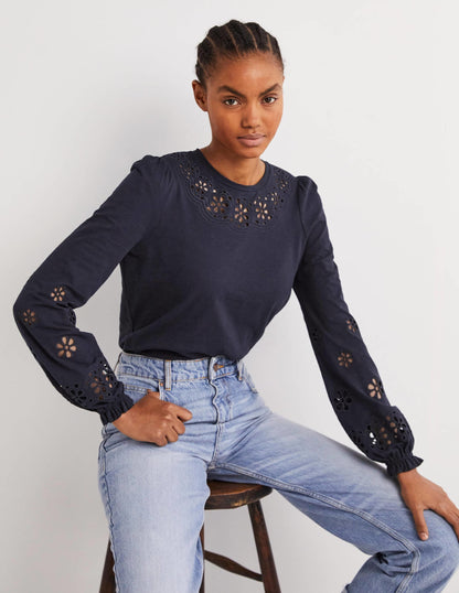 Broderie Insert Jersey Top-Navy