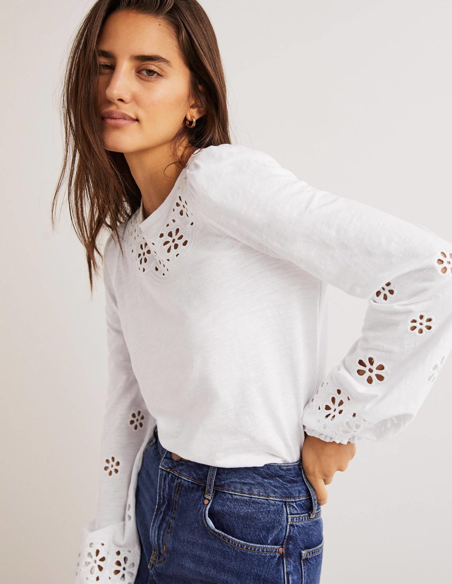 Broderie Insert Jersey Top-White
