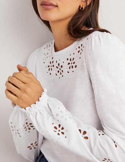Broderie Insert Jersey Top-White
