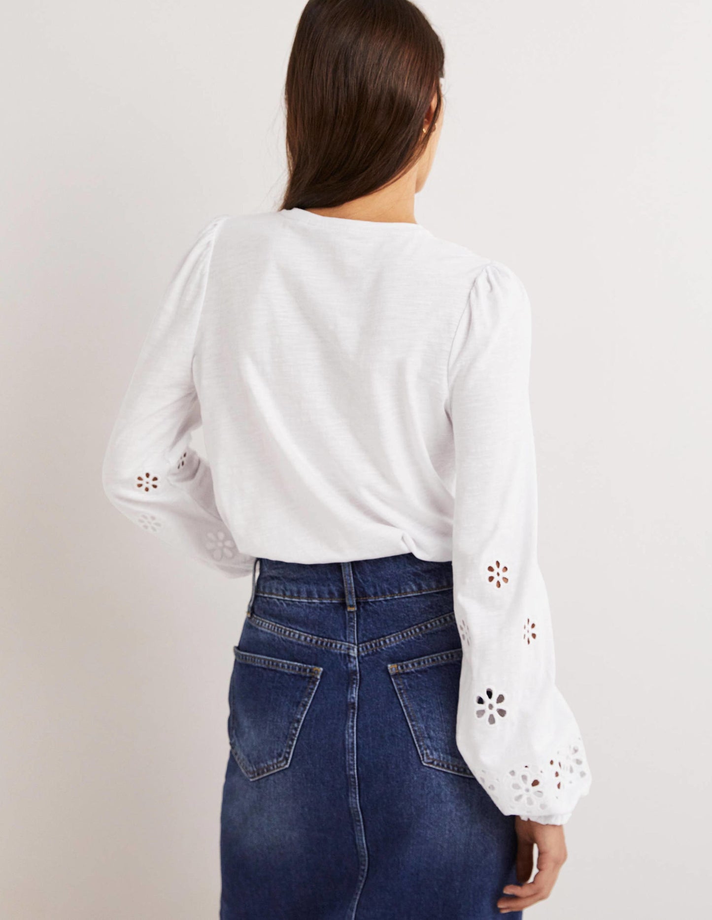 Broderie Insert Jersey Top-White