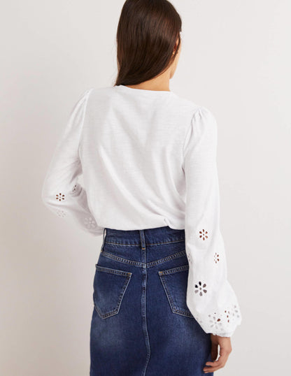 Broderie Insert Jersey Top-White