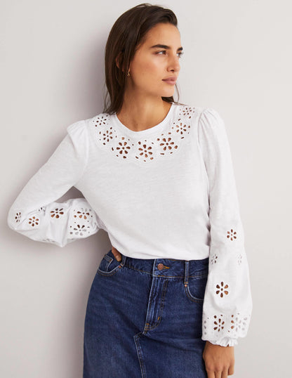 Broderie Insert Jersey Top-White