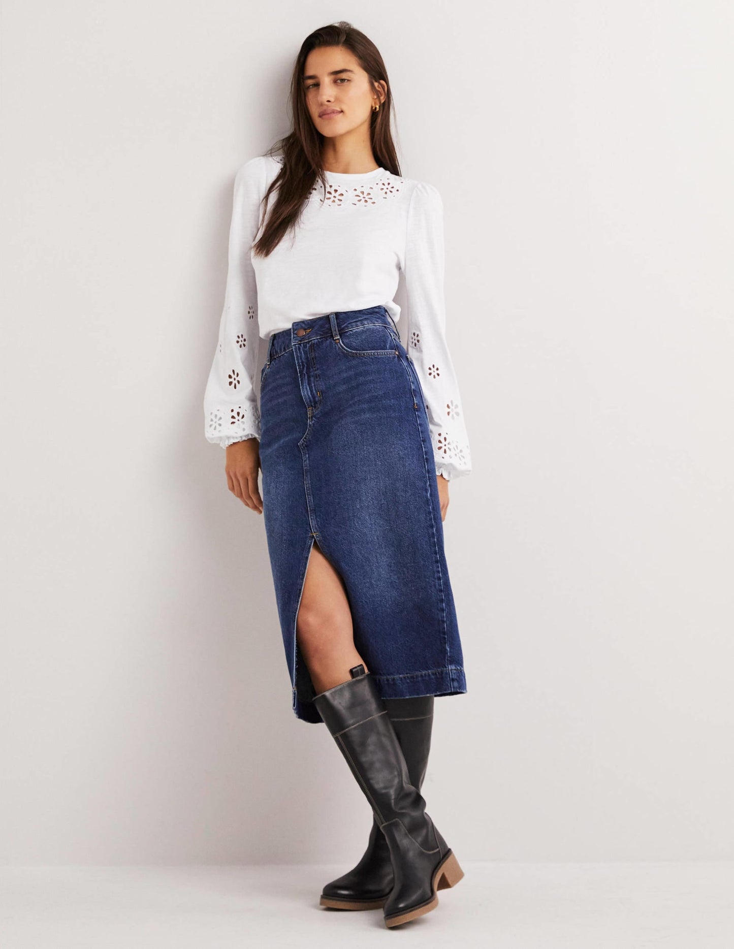 Broderie Insert Jersey Top-White