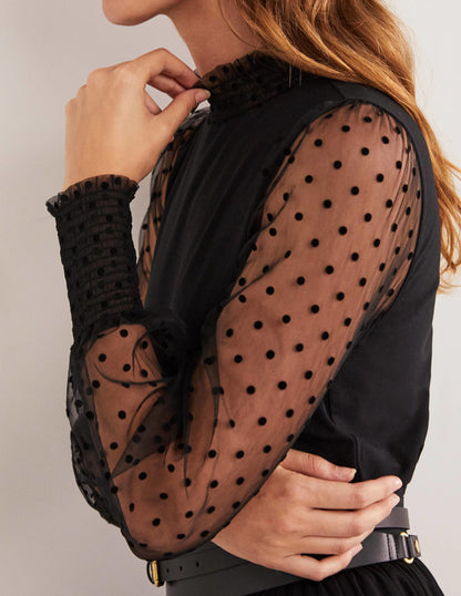 Black Polka Dot Tulle-Sleeve Party Top-Black/Black Flocked Spot