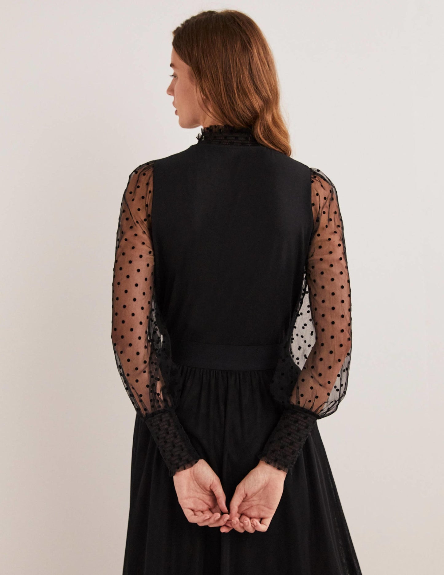 Black Polka Dot Tulle-Sleeve Party Top-Black/Black Flocked Spot