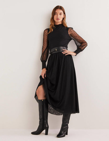 Black Polka Dot Tulle-Sleeve Party Top-Black/Black Flocked Spot