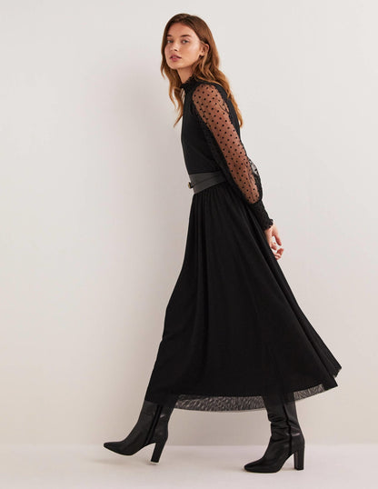 Black Polka Dot Tulle-Sleeve Party Top-Black/Black Flocked Spot