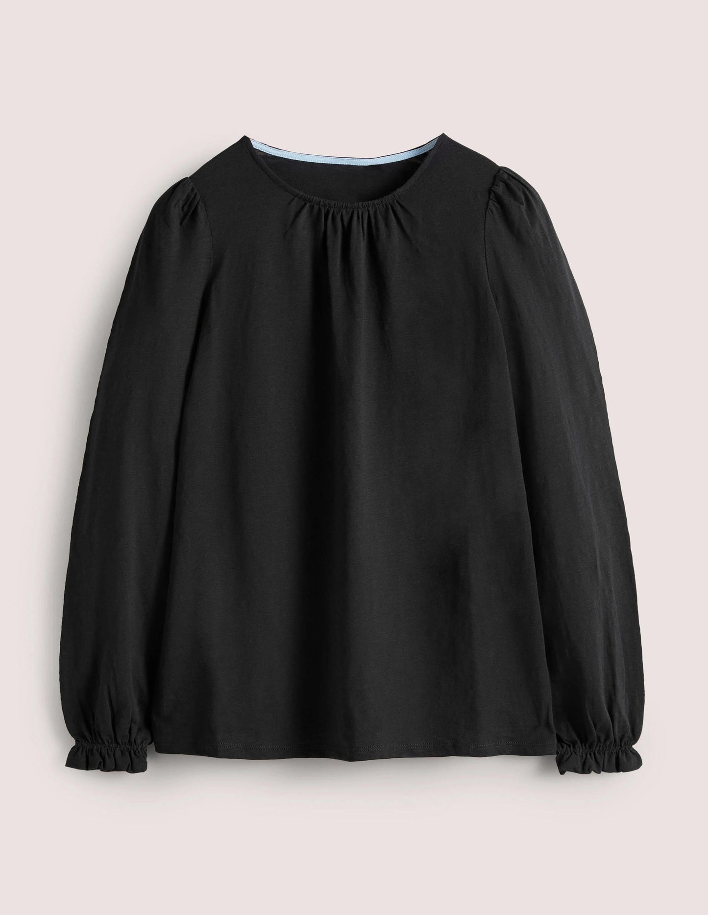 Blouson Cotton Crew Neck Top-Black