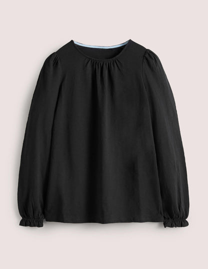 Blouson Cotton Crew Neck Top-Black