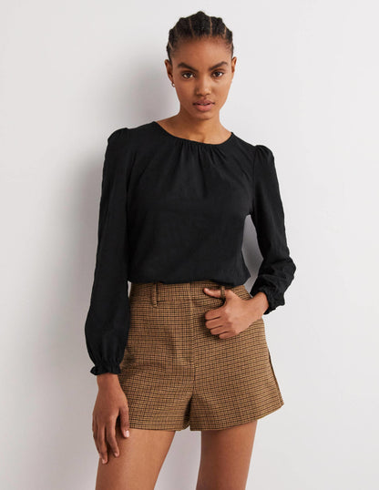 Blouson Cotton Crew Neck Top-Black