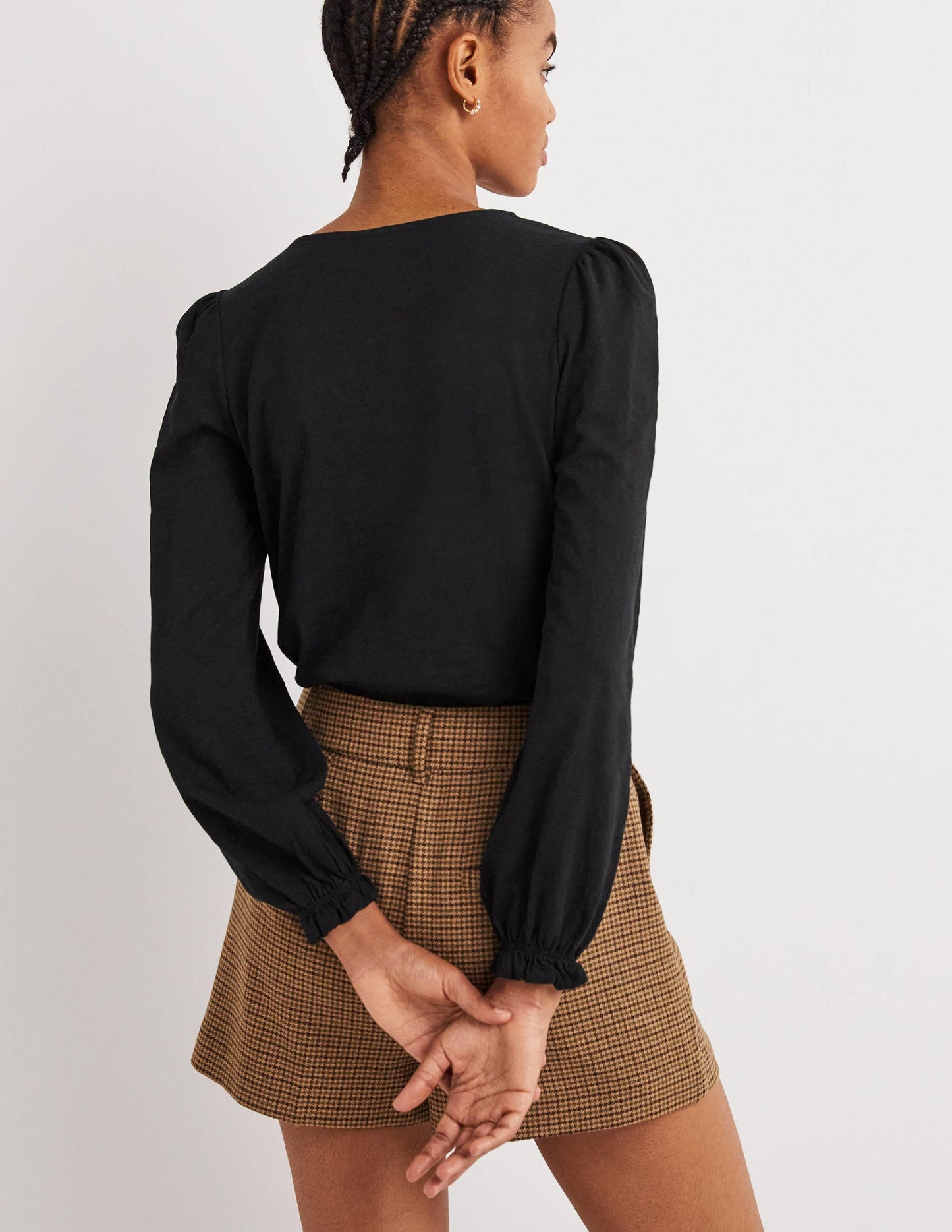Blouson Cotton Crew Neck Top-Black