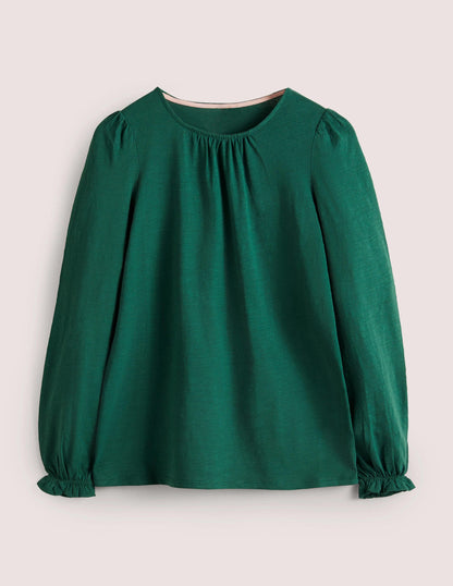 Blouson Cotton Crew Neck Top-Hunter Green