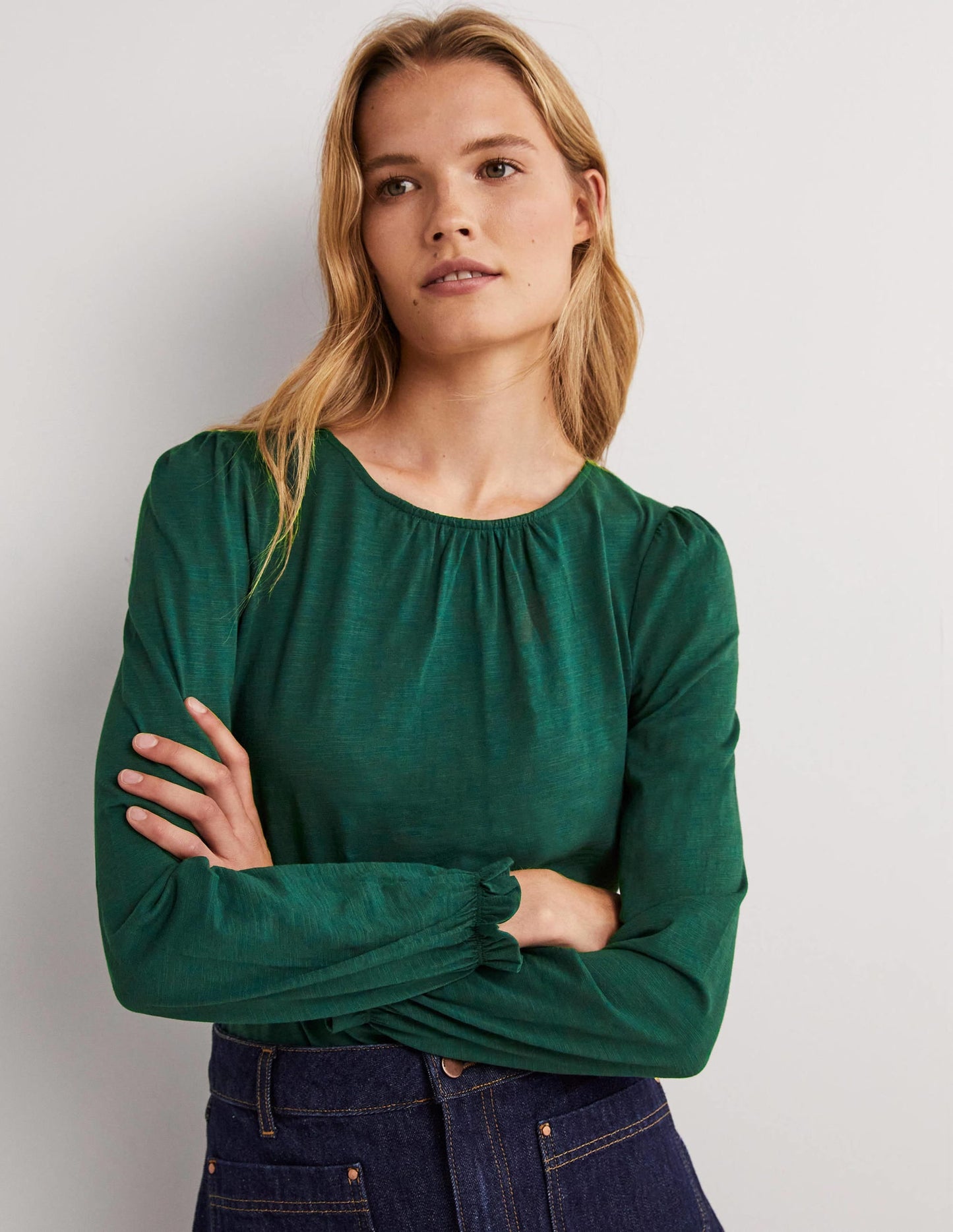 Blouson Cotton Crew Neck Top-Hunter Green