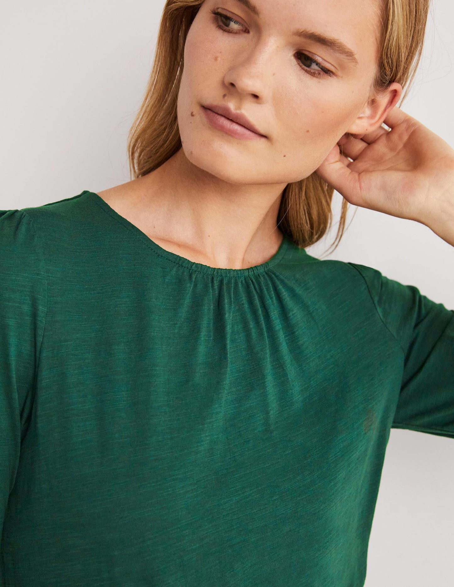 Blouson Cotton Crew Neck Top-Hunter Green