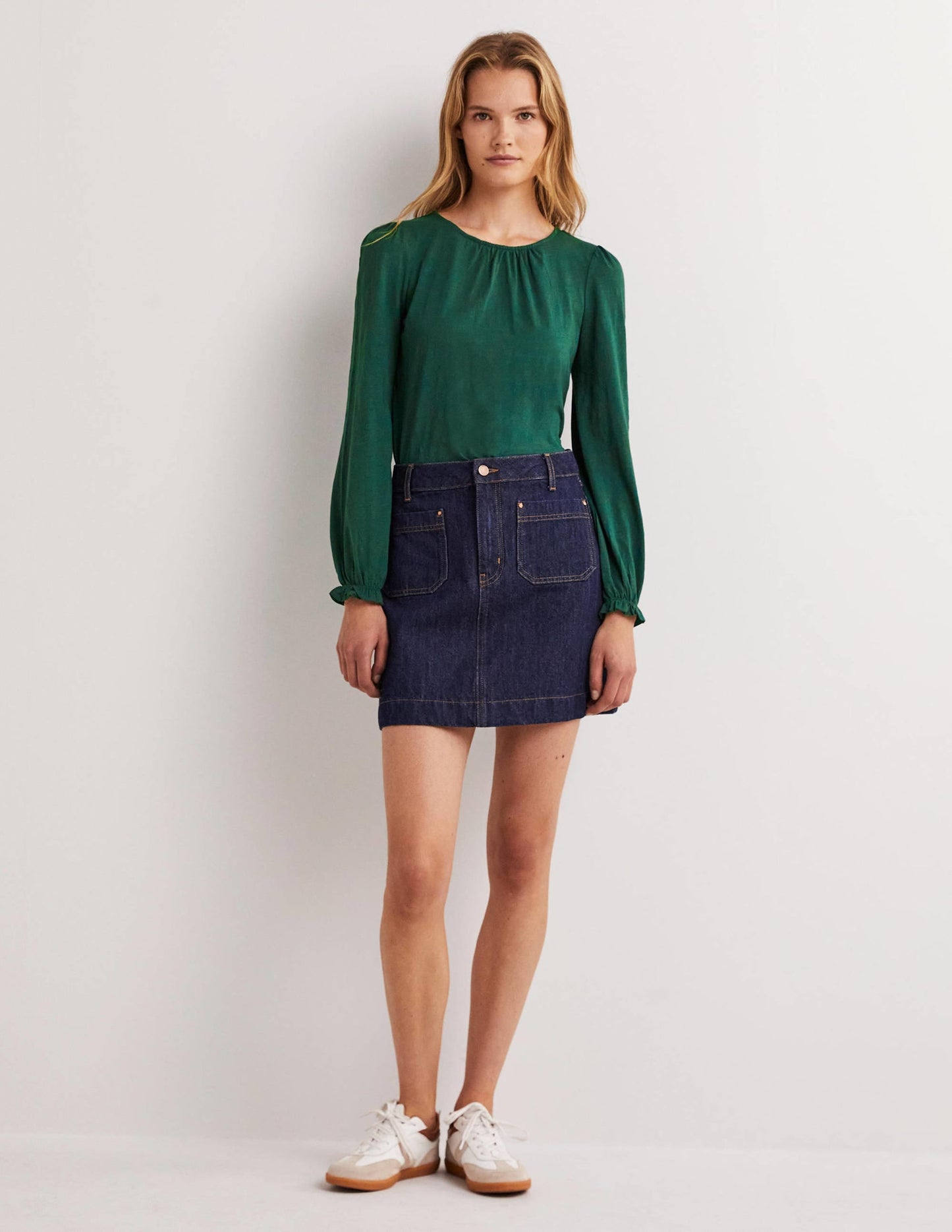 Blouson Cotton Crew Neck Top-Hunter Green