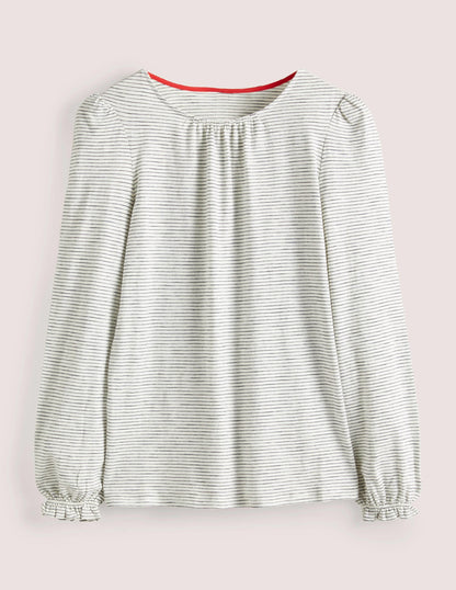 Blouson Cotton Crew Neck Top-Ivory, Navy Stripe