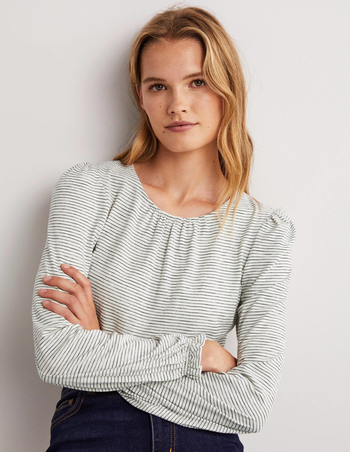 Blouson Cotton Crew Neck Top-Ivory, Navy Stripe