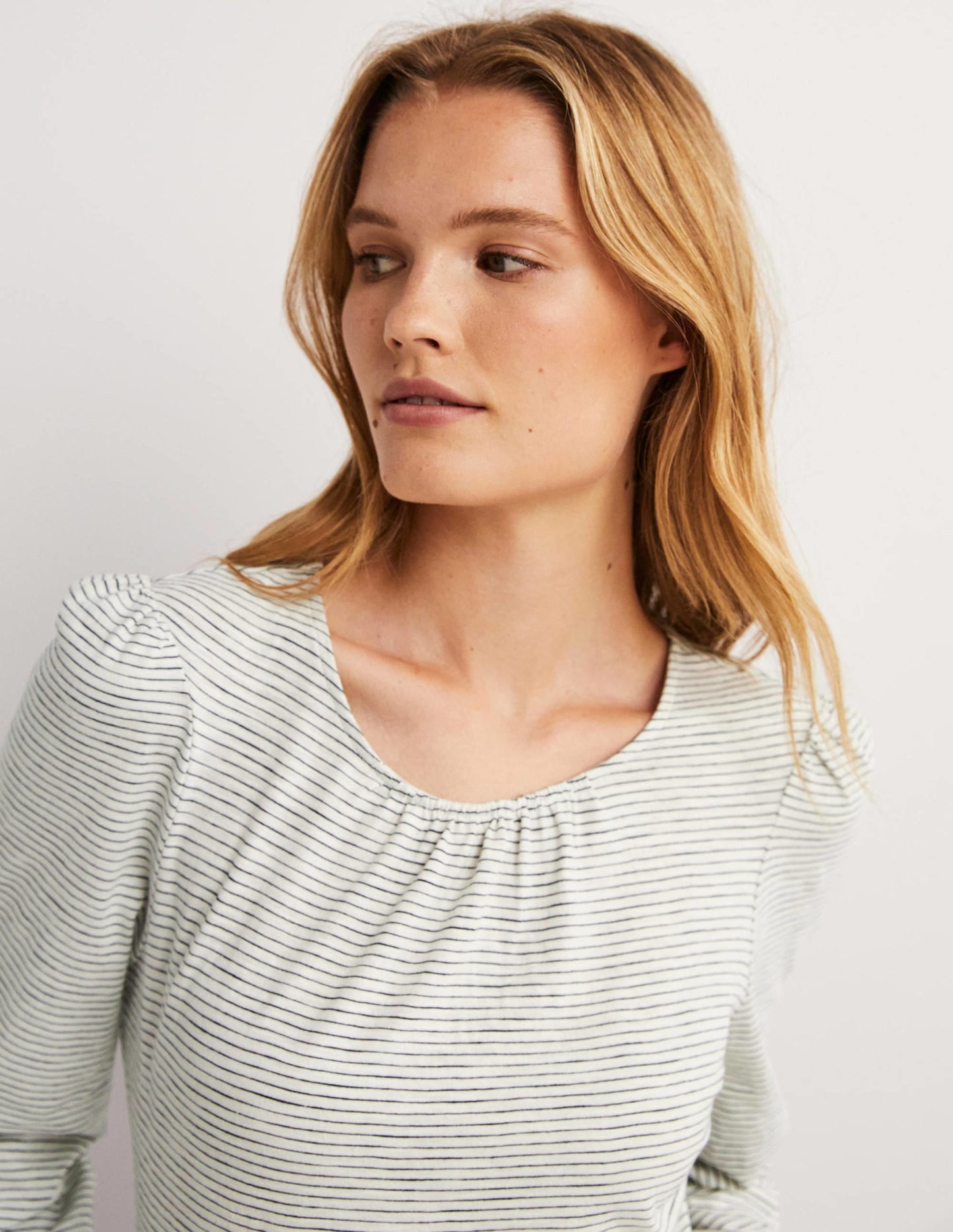 Blouson Cotton Crew Neck Top-Ivory, Navy Stripe