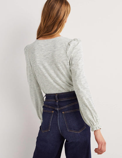 Blouson Cotton Crew Neck Top-Ivory, Navy Stripe