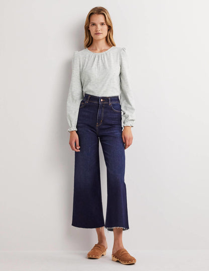 Blouson Cotton Crew Neck Top-Ivory, Navy Stripe