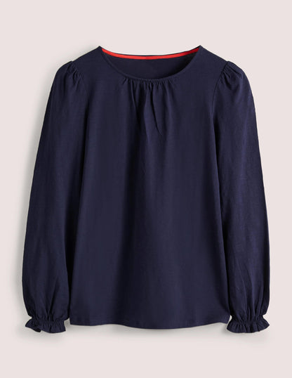 Blouson Cotton Crew Neck Top-Navy