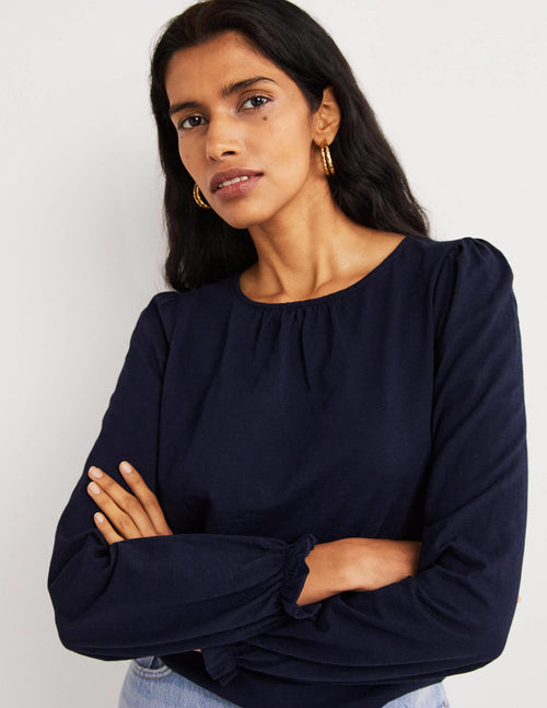 Blouson Cotton Crew Neck Top-Navy