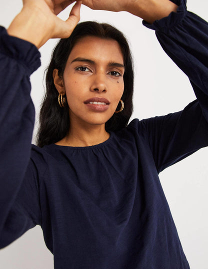 Blouson Cotton Crew Neck Top-Navy