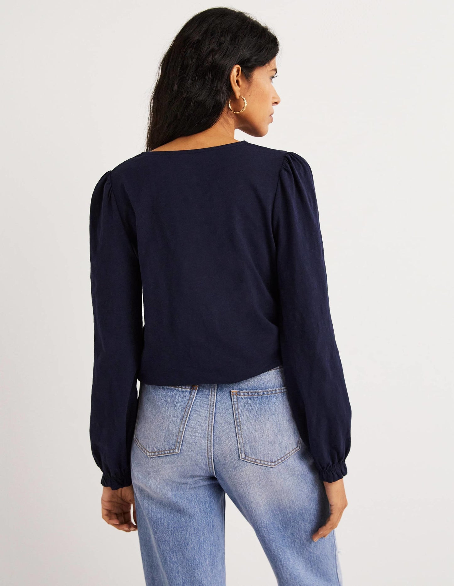 Blouson Cotton Crew Neck Top-Navy