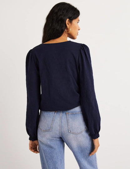 Blouson Cotton Crew Neck Top-Navy
