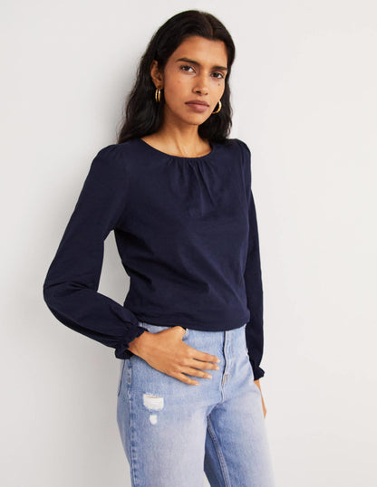 Blouson Cotton Crew Neck Top-Navy