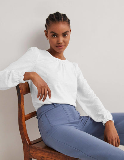 Blouson Cotton Crew Neck Top-White