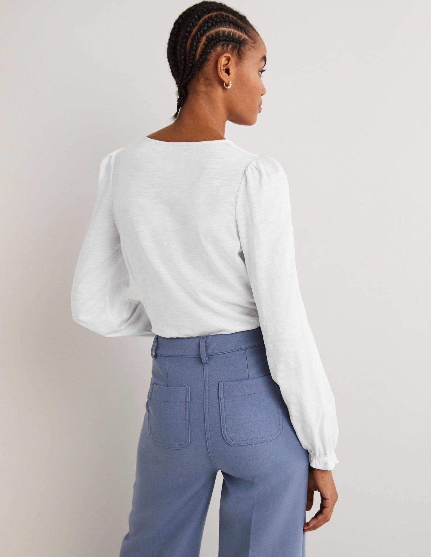 Blouson Cotton Crew Neck Top-White