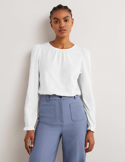Blouson Cotton Crew Neck Top-White
