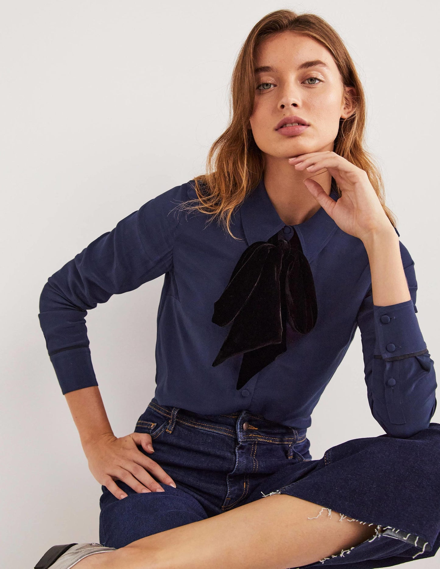 Bow Detail Classic Shirt-Navy