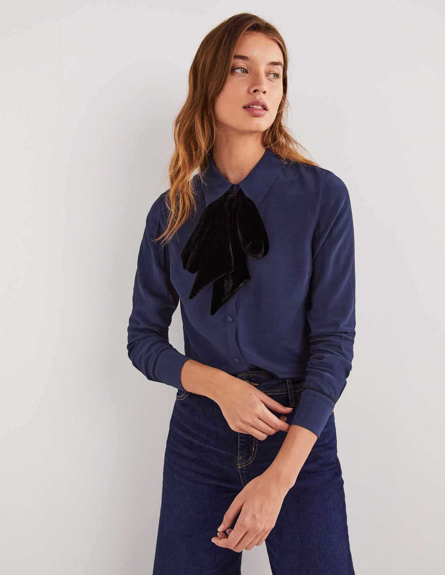 Bow Detail Classic Shirt-Navy