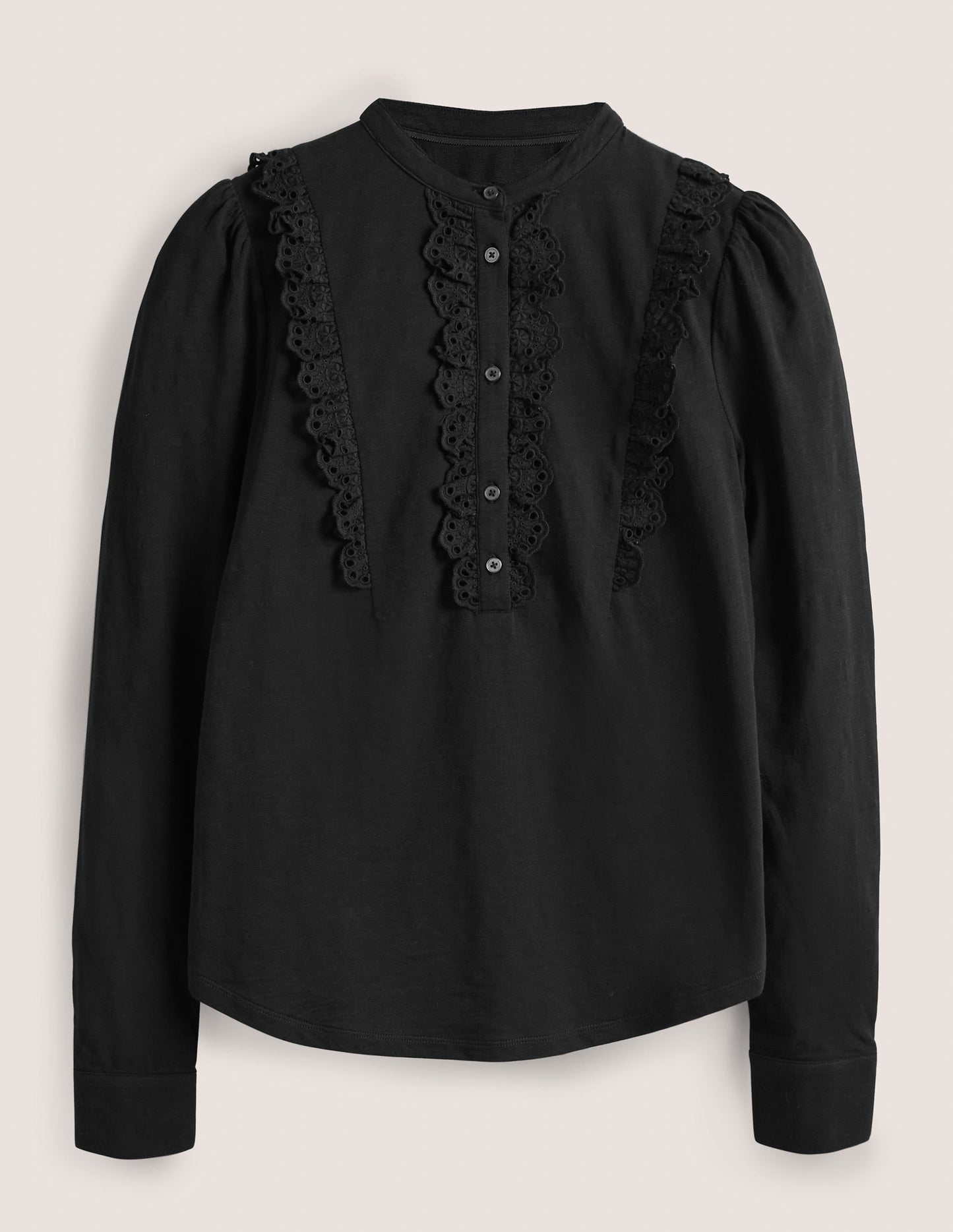 Broderie Ruffle Jersey Top-Black