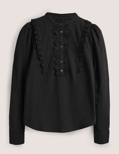 Broderie Ruffle Jersey Top-Black