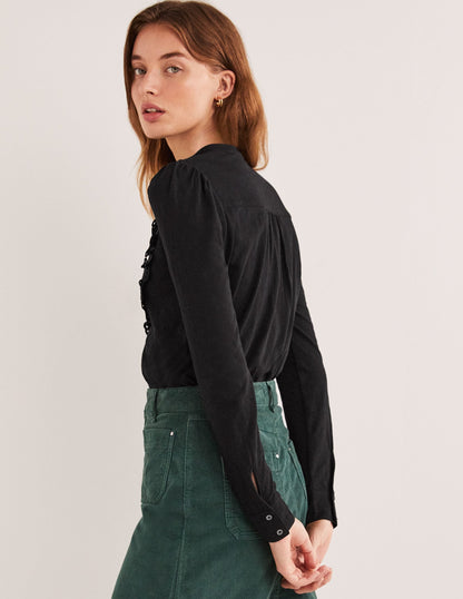 Broderie Ruffle Jersey Top-Black