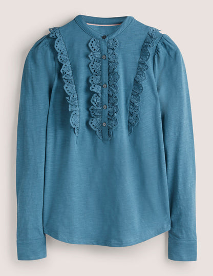 Broderie Ruffle Jersey Top-Corporal Blue