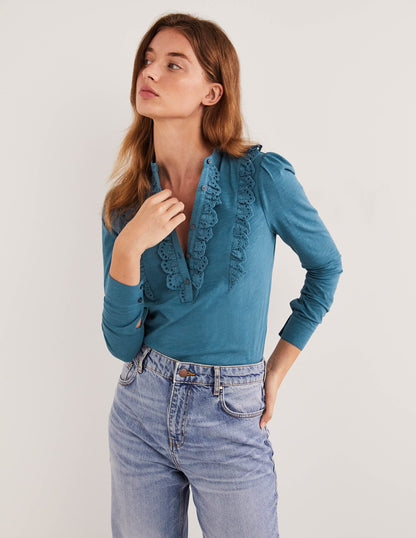 Broderie Ruffle Jersey Top-Corporal Blue