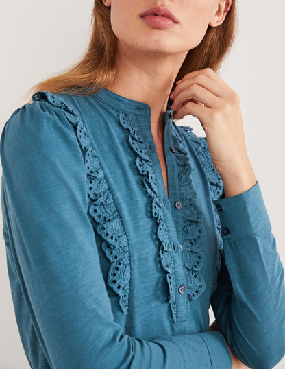 Broderie Ruffle Jersey Top-Corporal Blue