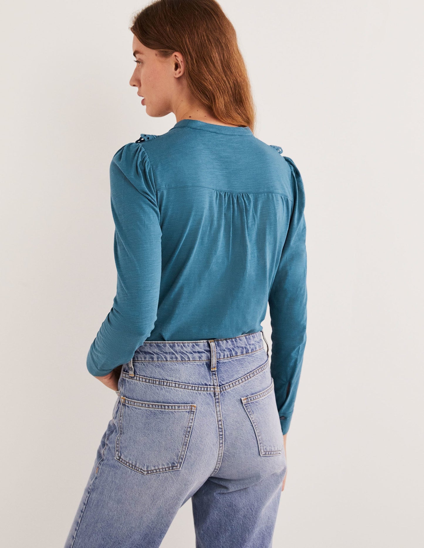Broderie Ruffle Jersey Top-Corporal Blue