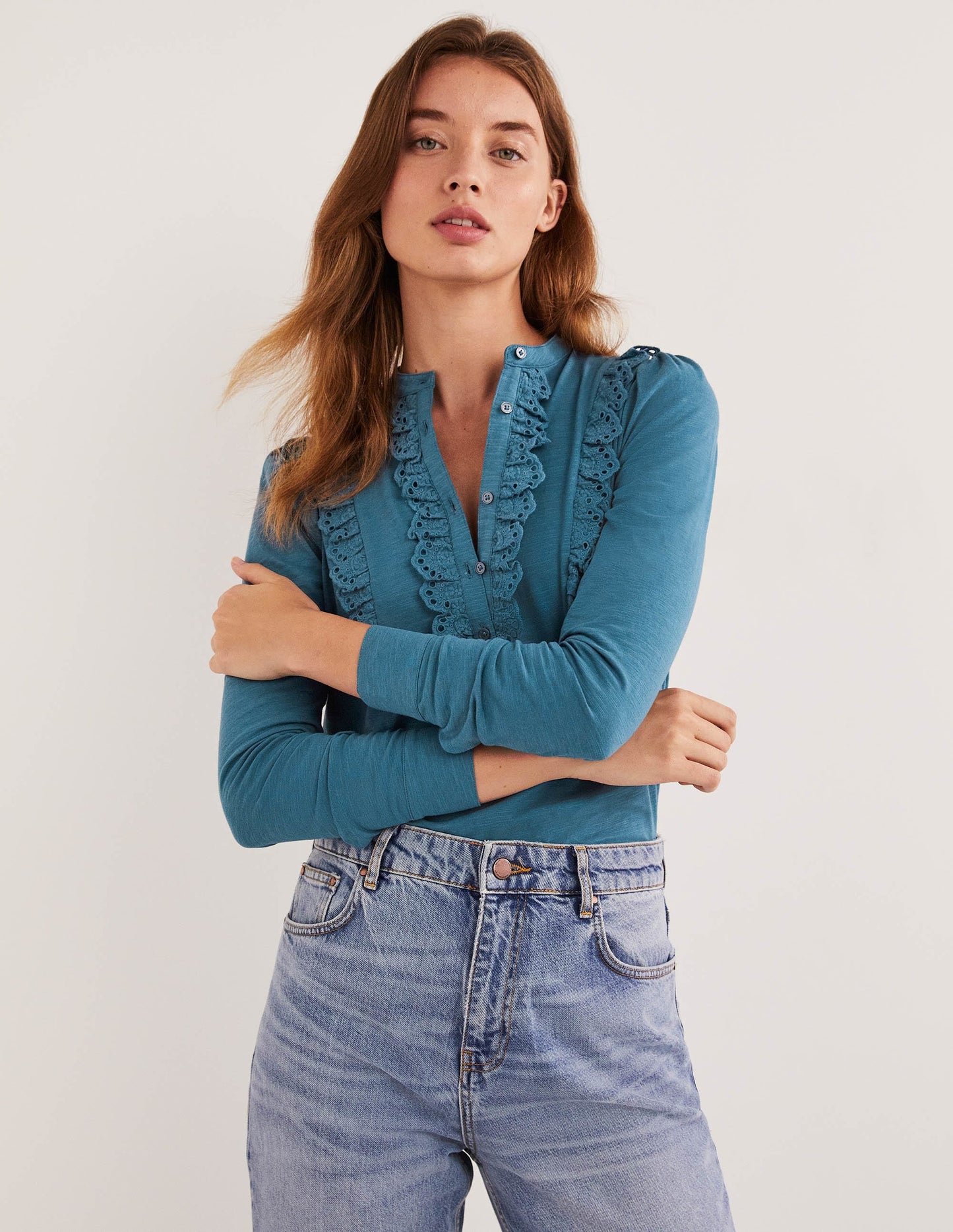 Broderie Ruffle Jersey Top-Corporal Blue